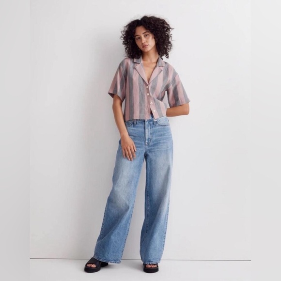 Madewell Size Medium Pink Grey 100% Linen Resort Shirt in Springy Stripe - Picture 1 of 13